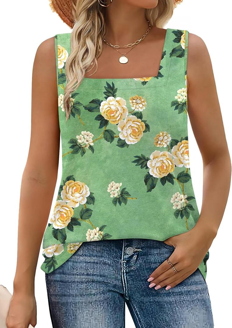 WIHOLL Tank Tops for Women Summer Outfits 2025 Square Neck Casual Shirts Blouses (X-Large, 0-green Flower)