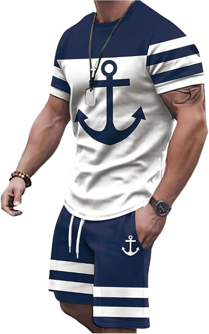 WDIRARA Men's 2 Piece Outfits Anchor Print Striped Tracksuits Short Sleeve T Shirt and Drawstring Shorts Sets (X-Large)