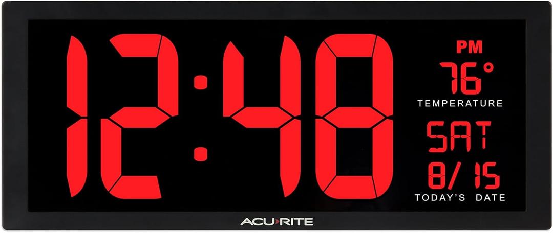 AcuRite 14.5" Large Digital LED Oversized Wall Clock with Date and Temperature, Perfect for Home or Office (75127M), Red