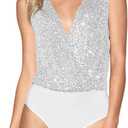 MINTLIMIT Women's Sequin Bodysuit Sleeveless Sparkly One Piece Tops V Neck Backless Glitter Sexy Party Bodysuit (Medium)