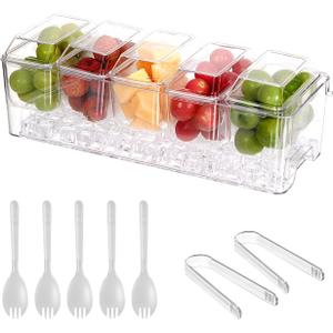 Chilled Condiment ServerTaco Bar Serving Set for Party15.3" Condiment Serving Platters with 5 Separate Lids and Removable Compartments, Set of 5 Serving Spoons & 2 Clips (5 Containers, 1 pack)