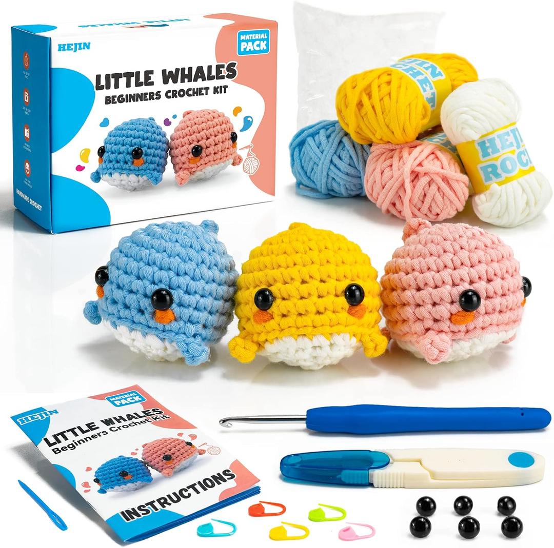 HEJIN Beginner Crochet Kit, Crochet Kits for Kids and Adults, 3PCS Crochet Animal Kit for Beginners Include Videos Tutorials, Yarn, Eyes, Stuffing, Crochet Hook - Boys and Girls Birthdays Gift