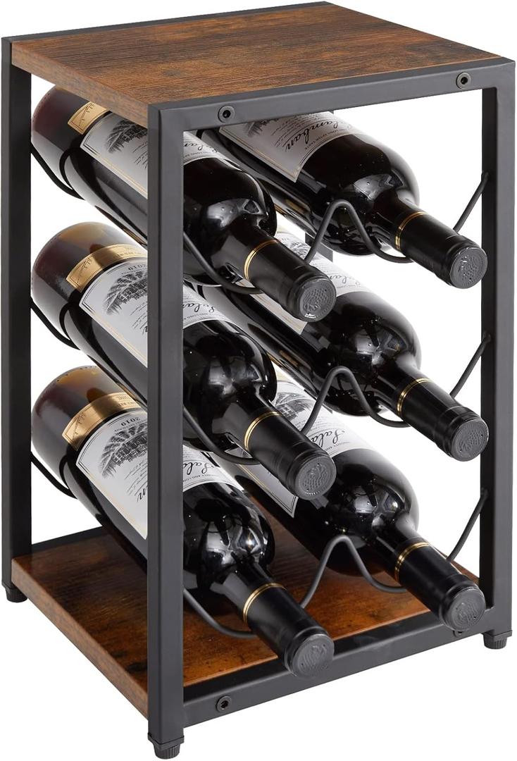 IBUYKE Rustic Wood 6 Bottles Wine Rack for Countertop,3 Tier Free Standing Wine Rack,Wine Bottle Holder Stand Organizer for Home Decor Bar,Cabinet, Pantry,Countertop TMJ901H