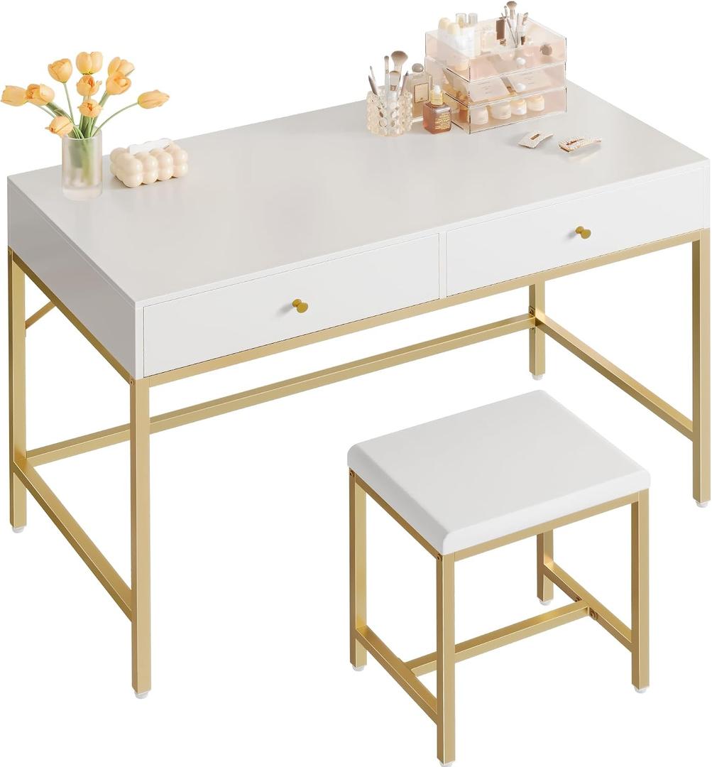 SUPERJARE 43-inch Modern White & Gold Desk - 2 Drawer Vanity, Computer & Home Office Study Desk for Writing & Bedroom, 43.3 inch