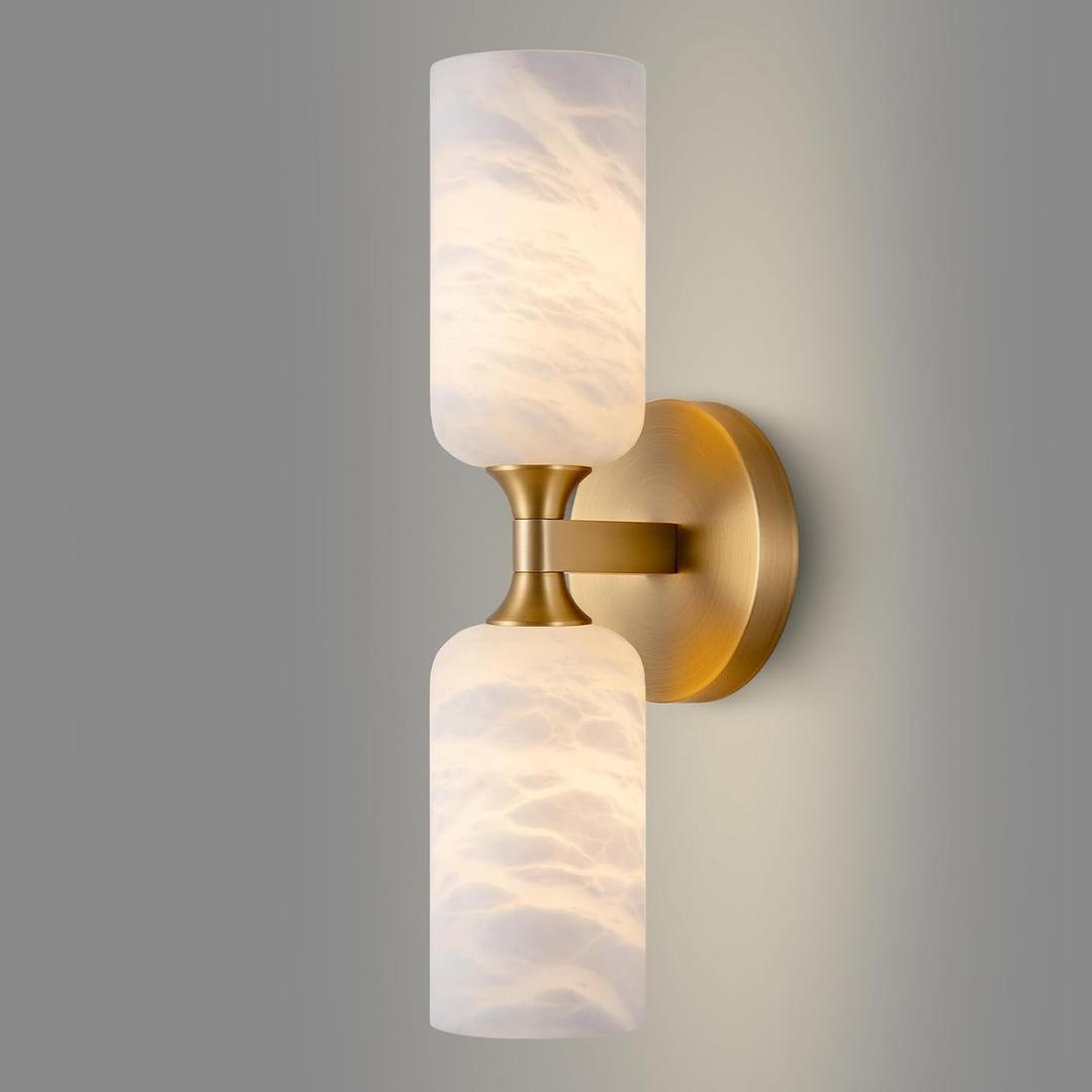 Alabaster Wall Sconce, 14in Modern Spanish Natural Marble Bathroom Vanity Sconces, Unique Indoor Brass Wall Lighting,Gold Fixtures Decor for Bedroom Living Room Staircases (Set of 1)