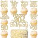 2 x 90th Cake Topper with Cupcake Toppers for 90th Birthday Decorations for Women 25Pcs Gold Glitter Cake Cupcake Birthday Party Decorations