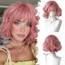 Pink Wigs for Women Short Bob Wig with Bangs 12 Inches Light Pink Wig Pastel Short Wavy Wig Curly Synthetic Wigs Cosplay Hair Replacement Wigs for Girl Daily Party Colorful Wigs Costume Use