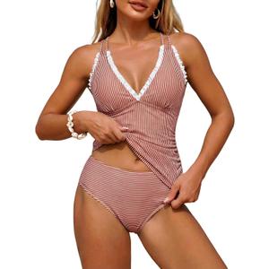 ZAFUL Womens Tankini Swimsuits Smocked 2 Piece Bathing Suits Modest Tie Back Swimwear, XXL