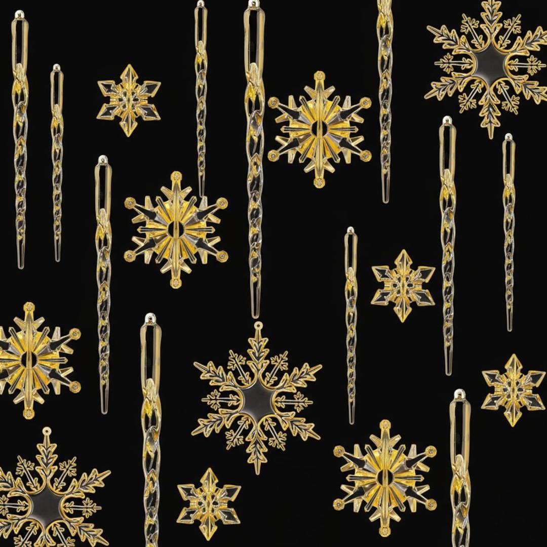 Chuangdi 72 Pcs Snowflake Icicle Ornaments for Christmas Tree Twisted Glitter Icicles Acrylic Hanging Drop Decoration for Winter Xmas Holiday Party New Year Outdoor Supplies (Yellow)
