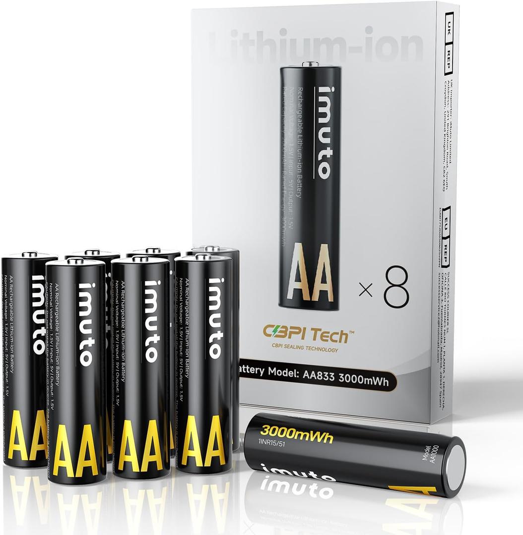 imuto Rechargeable aa Batteries, 3000mWh aa Lithium Batteries 8 Pack, 1.5V 2A Output Double a Battery, 1600+ Cycle Life