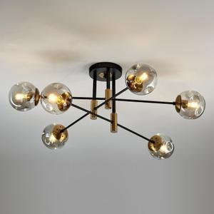 6-Light Glass Globe Sputnik Light Fixture Modern Matte Black and Gold Chandelier Semi Flush Mount Ceiling lamp for Living Room Kitchen Dining Room Farmhouse Bedroom, large