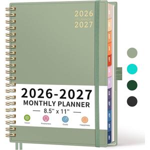 RETTACY 2026-2027 Monthly Planner, Jan 2026 - Dec 2027, Large Size (8.5" x 11"), Agenda, Calendar, 24 Month Tabs, Flexible Plastic Cover, 100 GSM Thick Paper, Spiral-bound (Light Green)