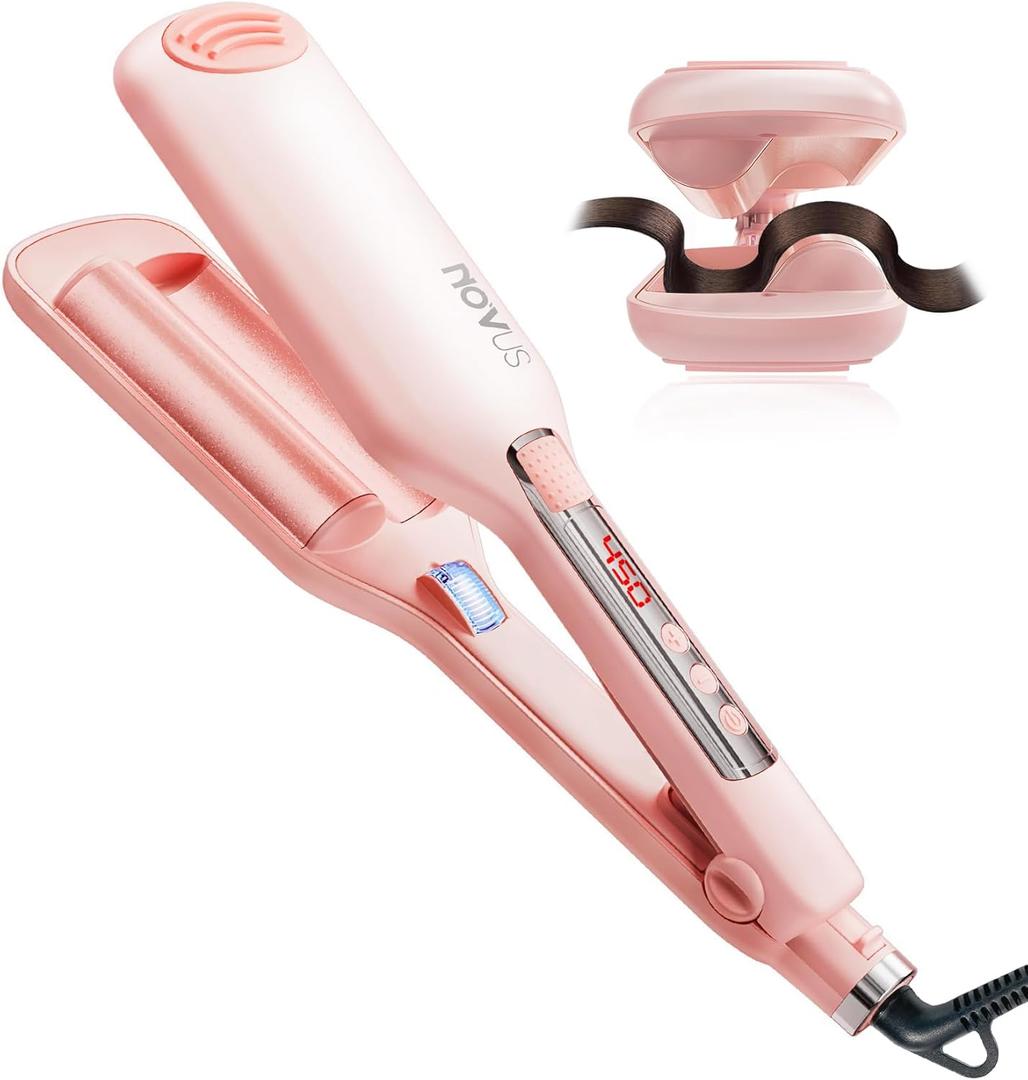 NOVUS 1.1 Inch Beach Waves Curling Iron for Women - 2 Barrel Hair Crimper with Ionic Ceramic & Adjustable Heat, Anti-Scald Design for Long-Lasting Shiny Curls, Pink