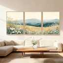 3 Pcs Framed Mountain Wildflower Wall Art Triptych Natural Landscape Canvas Prints Large Farmhouse Daisy Poster Botanical Picture Painting for Living Room Bedroom Decor 12x16IN