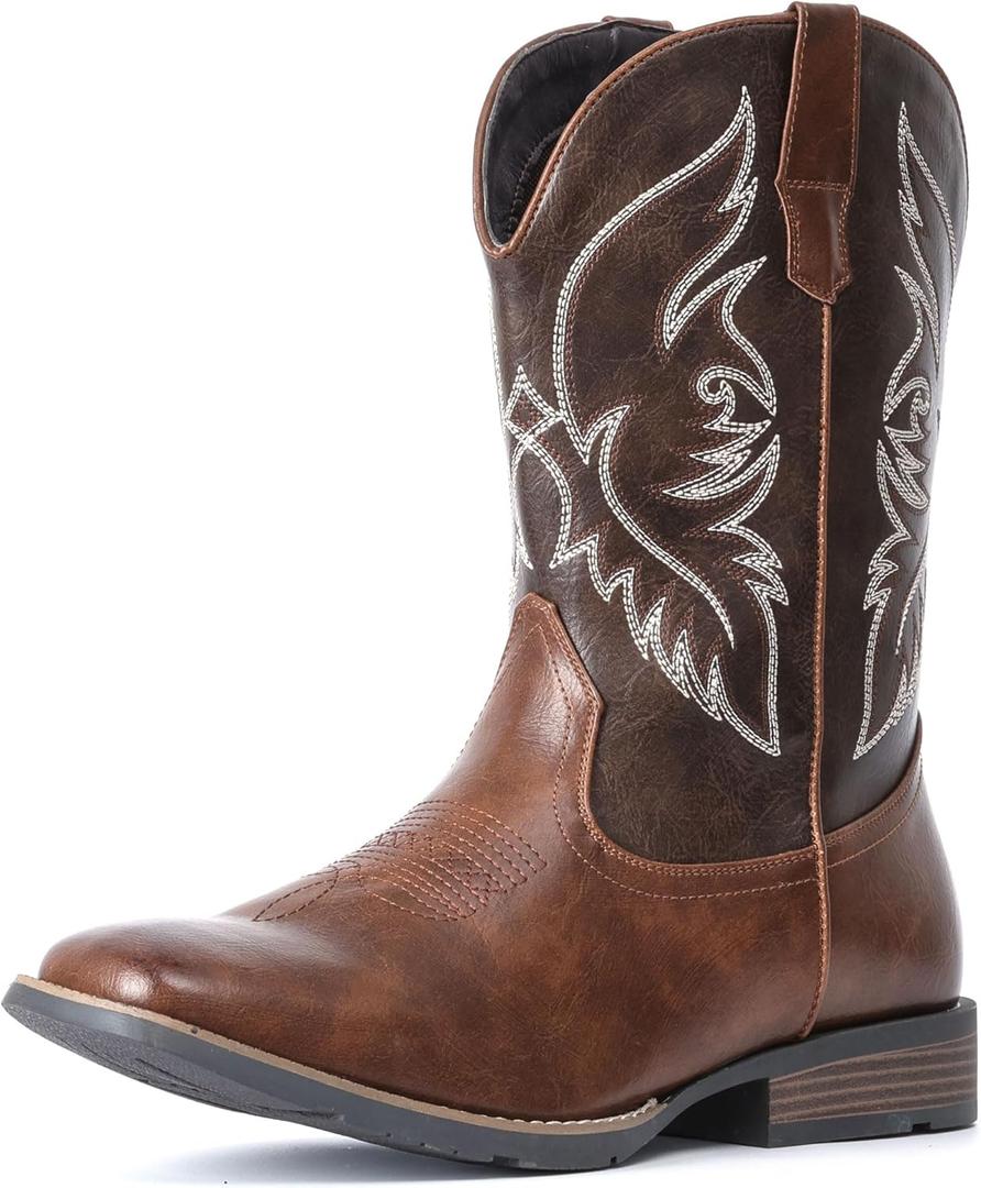 IUV Cowboy Boots For Men Square Toe Western Boot Durable Retro Classic Embroidered Pull On Boot Slip Resistant Country Boots (8.5, Dark Brown)