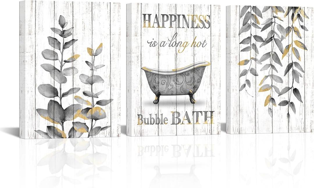 RnnJoile Grey Bathroom Decor Wall Art Gray and Gold Bathtub Botanical Leaves Picture Prints Framed Happiness Bath Painting 12"x16" for Each