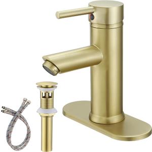 Brushed Gold Bathroom Sink Faucet Farmhouse Bathroom Faucets Single Handle One Hole Bathroom Vanity Sink Faucet with Cover Plate and Pop Up Drain, Brass (short)