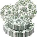 WDF 20PCS Green Plastic Plates Floral - Baroque White and Green Plates - Floral Party Decorations for Birthdays/ Tea Party/ Easter
