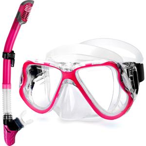 Greatever Dry Snorkel Set,Panoramic Wide View Anti-Fog Scuba Diving Mask,Professional Snorkeling Gear for Adults Kids (Large, Pink)