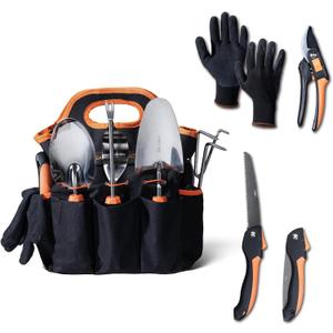 DTRK 8-Piece Large Garden Tool Set 304 Stainless Steel Garden Tool Kit with Handbag,Pruning Shears,Gloves Heavy Duty Gardening Hand Tools with Non-Slip Rubber Grip,Ideal Gifts for Women & Men Orange