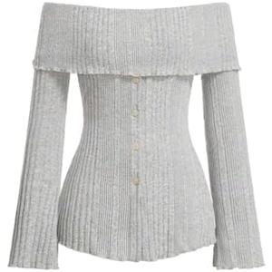 SKAYS Womens Off The Shoulder Long Sleeve Shirt Going Out Y2k Top Fall Ribbed Fitted Pullover Button Front Tee, XS