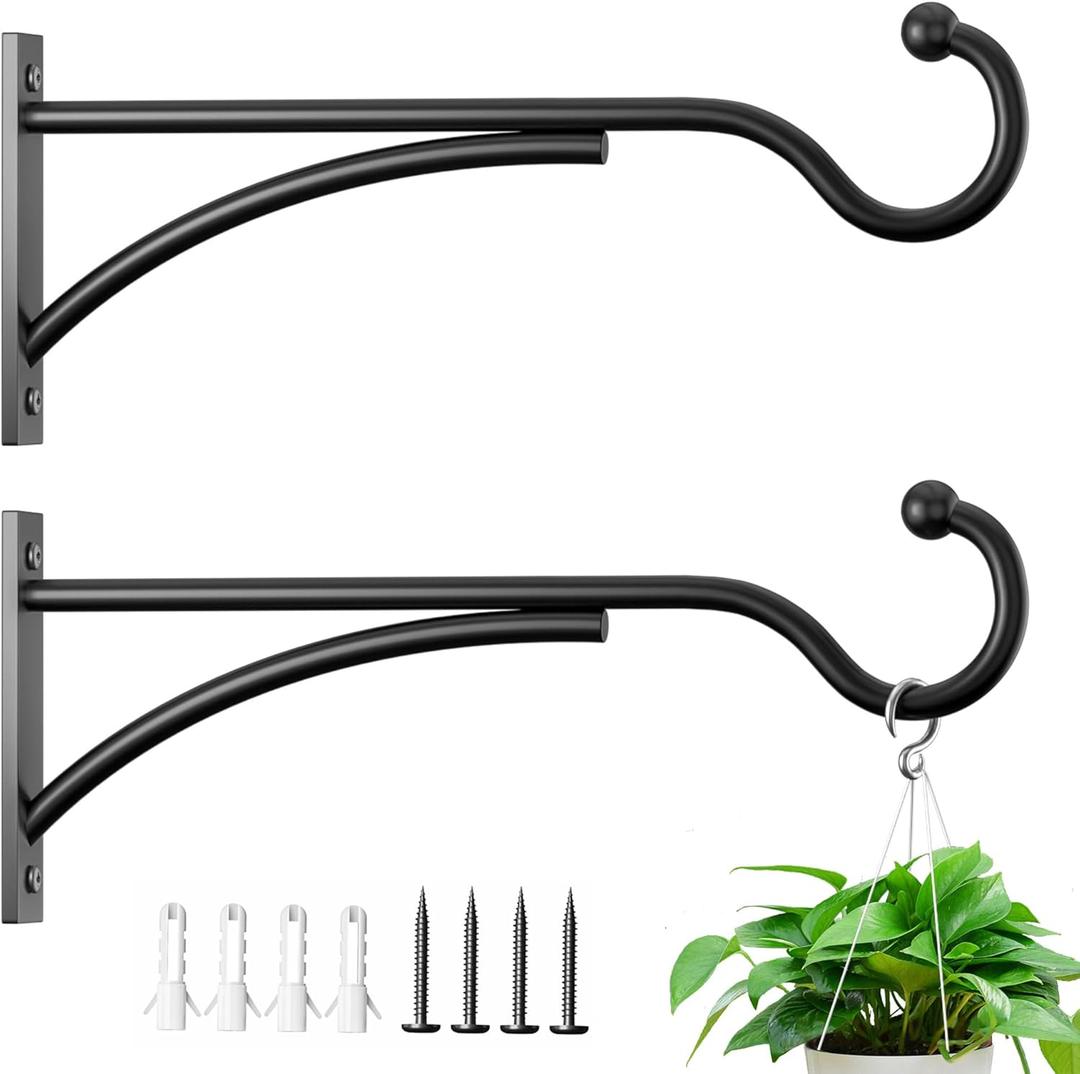 11 Inch 2 Pack Heavy Duty Plant Hangers Outdoor, Metal Plant Brackets for Hanging Baskets, Plant Wall Hooks for Bird Feeders, Wind Chimes & Lanterns, Premium Metal Hooks Matte Black, 30lbs Capacity