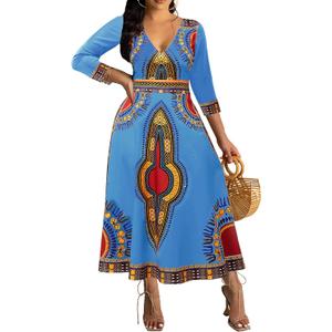 African Long Dresses for Women Sexy V Neck Print Dresses Elegant Dashiki Maxi High Waist Cocktail Dress Bohemian Vintage Outfits, L