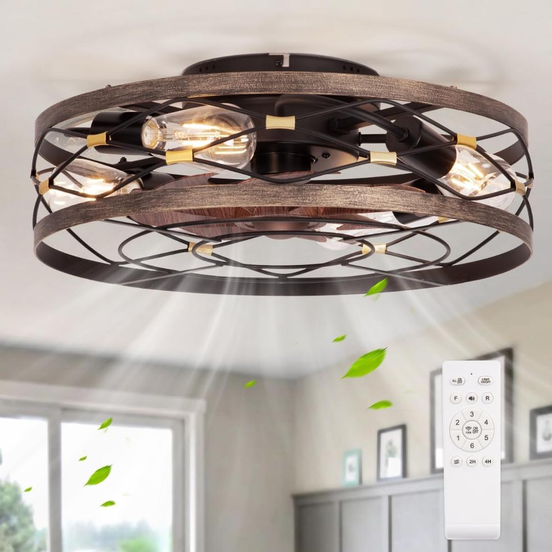 Caged Farmhouse Ceiling Fan with Light, Rustic Bladeless Flush Mount Ceiling Fans with Lights and Remote, Low Profile Small Fandelier Ceiling Fan with Light for Kitchen, Bedroom, Black