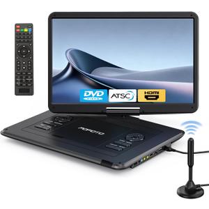 POFOTO 17.5" Portable TV/ DVD Player with 15.6" HD Swivel Screen, Built-in ATSC Tuner & FM, Rechargeable Battery, Supports HDMI in/ USB/ Micro SD/ AV Out, Multi-Disc Formats, Black
