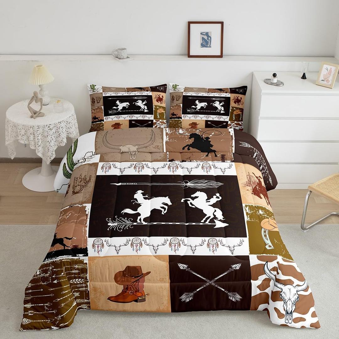 Erosebridal Western Bedding Bull Skull Horse Arrow Print Bed Comforter Set Twin, Southwestern Cowboy Boots for Men Comforter Set Wild West Desert Style Duvet Insert with 1 Pillow Case