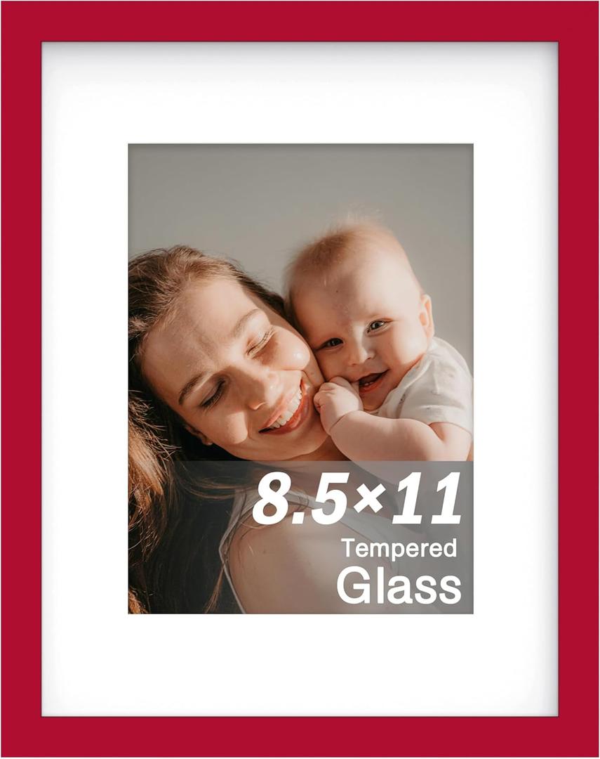 An&He 8.5x11 Picture Frame, Wooden Frame with Tempered Glass for Wall Mount or Desk Display, Home & Office Use Red