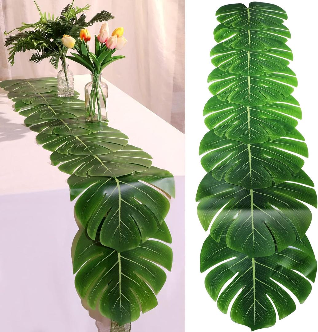 2 Pcs Artificial Palm Leaves Table Runners 72 Inch Long Tropical Palm Leaves Table Runner Faux Leaf Cloth for Wedding Hawaiian Luau Theme Party Supply Summer Decoration (Palm Leaf)