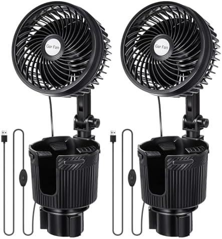 DaisyInner 2 Pcs USB Car Fan with Cup Holder 2 in 1 6 Inch Portable Vehicle Cooling Fan Expander 2 Speeds 360 Degree Rotation Adjustable Base Cup Holder for SUV Rv Truck Sedan Boat Supplies