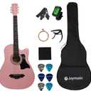 Joymusic 38 inch pink beginner acoustic guitar kit,bundle with a strap with picks holder,digital tuner, set strings, capo,cleaning cloth,6 picks,gig bag.(JG-38C,PK)