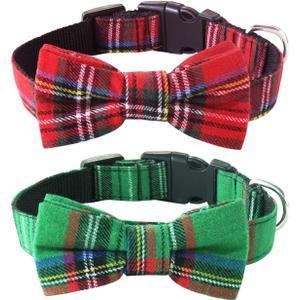 Malier Dog Collar with Bow tie Christmas Classic Plaid Dog Collar with Light Adjustable Buckle Suitable for Small Medium Large Dogs Cats Pets - S