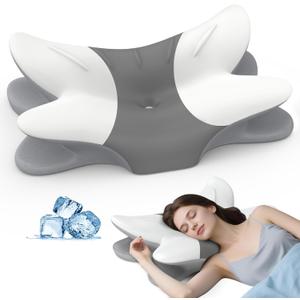 Cervical Neck Pillow for Pain Relief - Ergonomic Pillow Memory Foam Pillows for Sleeping, Cooling Orthopedic Neck Support Pillow, Contour Cervical Pillow Bed Pillow for Back Stomach Sleepers (White & Grey)