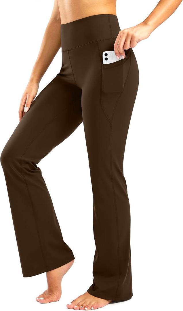 28" Inseam Women's Bootcut Yoga Pants Long Bootleg High-Waisted Flare Pants with Pockets(Coffee Brown, 28-L)