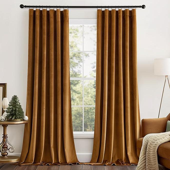 Gold Brown Triple Pleated Velvet Curtains 86 inches Long 2 Panels for Living Room Thermal Insulated Pinch Pleat Blackout Velvet Drapes With Hooks Thick Heavy Mordern Elegant Luxury Bedroom Curtain