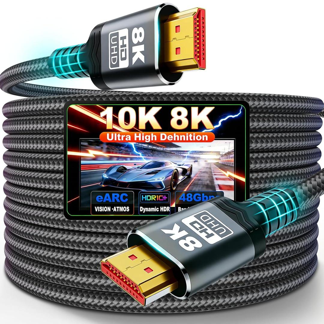 8K Long HDMI 2.1 Cable 20FT, Gold-Plated Ultra High Speed Military Grade Nylon Braided HDMI Cord (8K@60Hz 7680x4320, 4K@120Hz) Supports Dynamic HDR 10 eARC 3D Dolby Atmos, Compatible with Roku/TV/PS5