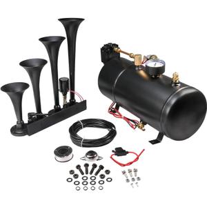 4 Trumpet Train Horn Kit for Car Truck Pickup Semi Jeep RV SUV 12v Complete Onboard System 150psi Air Compressor 1 Gallon Air Tank 4 Trumpets Super Loud dB