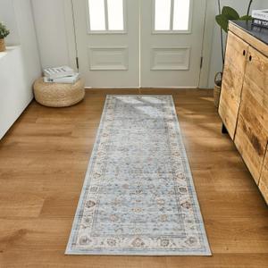 WITSHOCK 2x5 Runner Rugs for Hallway Bathroom: Machine Washable Non Slip Vintage Carpet  Low Pile Lightweight Print Rug for Kitchen Laundry Room Bedroom Beside Rug  Pet & Kids Friendly (Light Blue)