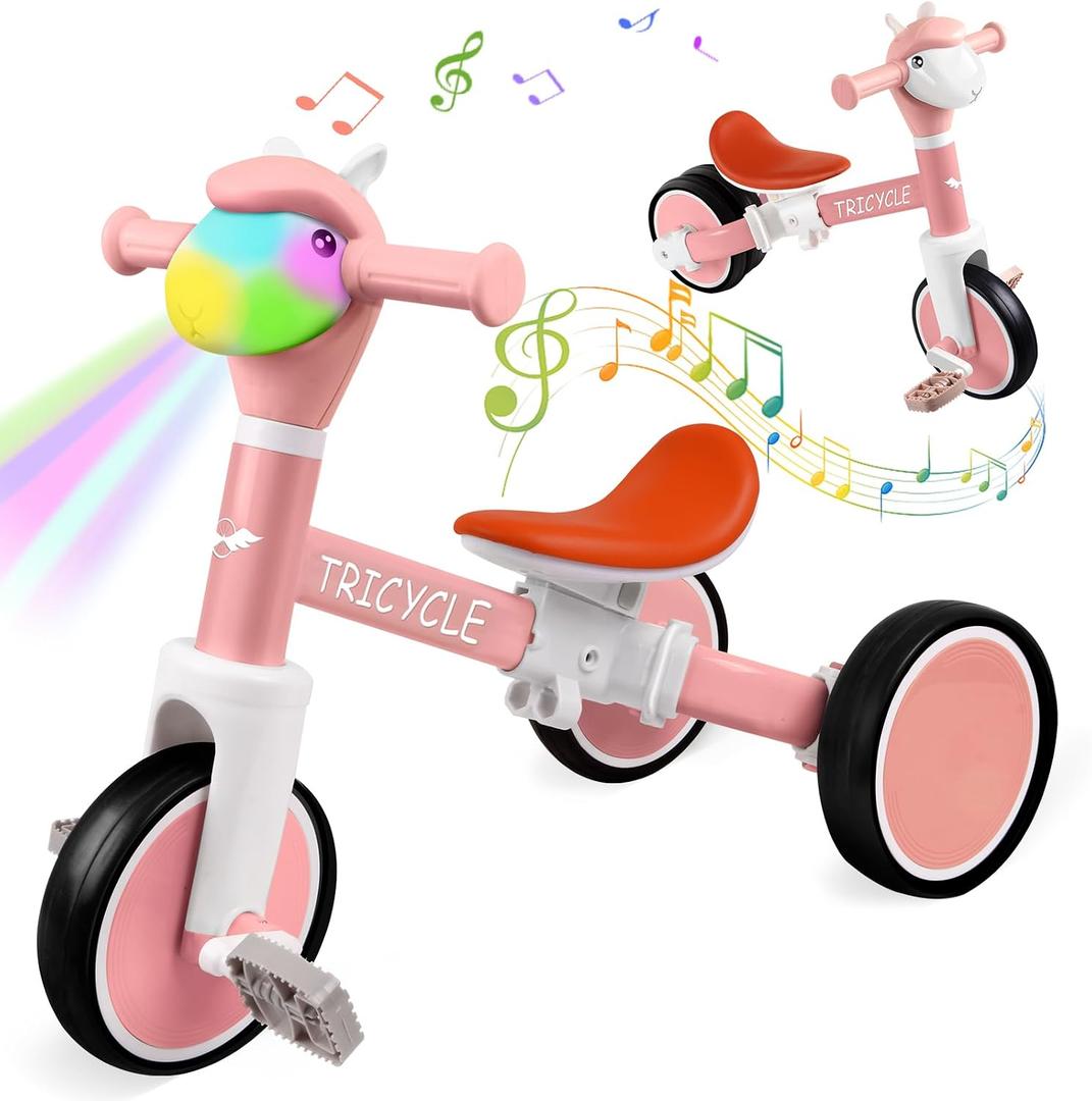 Kids Tricycle for 1-3 Year Olds Boys Girls, 4-in-1 Kids Balance Bike with Light & Music, Kids Tricycle for 3-5 Year Olds Boys Girls, KidsTrike with Removable Pedals(Basic Pink)
