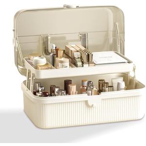 2-Tier Plastic Storage Organizer with Adjustable Dividers & Portable Handle  Stylish Multifunctional Case for Cosmetics, Crafts, Home Utility, Medicine, Sewing Essentials (Milk white)