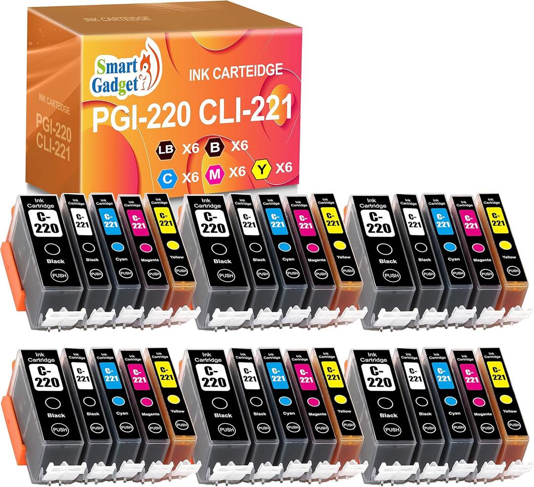 Smart Gadget Compatible Ink Cartridge Replacement for Canon PGI220 PGI-220 CLI221 CLI-221 to use with MX870 MX860 MP620 MP560 MP980 (6 Large Black,6 Small Black,6 Cyan,6 Magenta,6 Yellow) 30 Pack