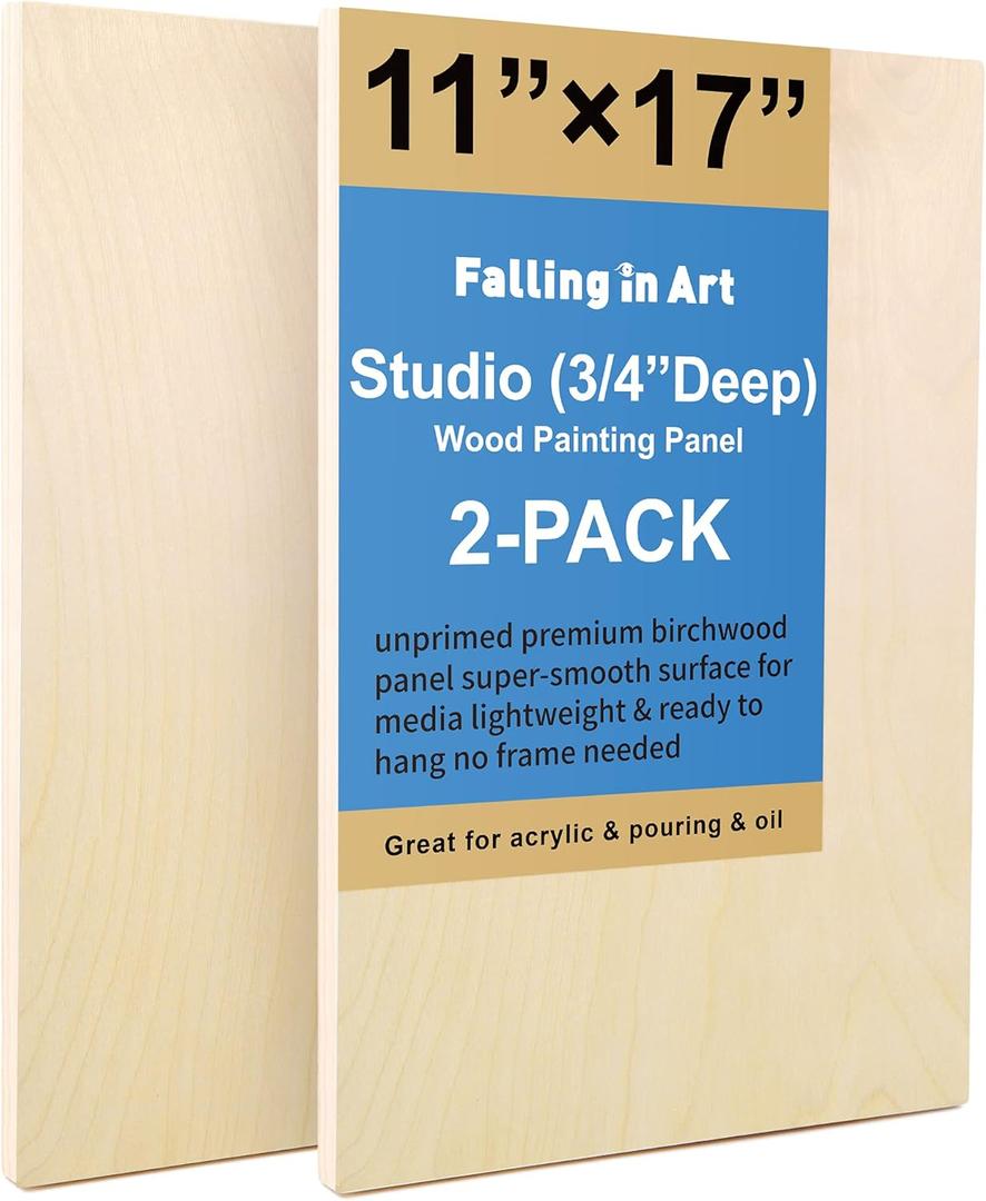 Unfinished Birch Wood Canvas Panels Kit, Falling in Art 2 Pack of 11x17 Studio 3/4 Deep Cradle Boards for Pouring Art, Crafts, Painting, and More