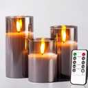 Tyawon Glass Battery Operated LED Flameless Candles with Remote and Timer, Real Wax Candles Warm Color Flickering Light for Festival Wedding Home Party Decor(Pack of 3)-Grey