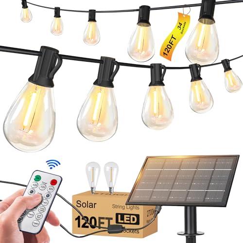 Solar String Lights for Outside 100FT with Remote 8 Lights Mode, Weatherproof Shatterproof S14 LED Bulb 34 Sockets, Outdoor Patio Light for Backyard Porch Cafe