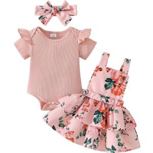 Baby Girl Clothes Cute Summer Outfits Short Sleeve Romper Adjustable Floral Overall Dress Headband 3PCS (Pink, M)