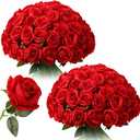 Tifuly 50pcs Red Roses in Bulk, Realistic Long Stem Fake Silk Roses Bouquet for Wedding Centerpiece Table Party Home Kitchen Decor