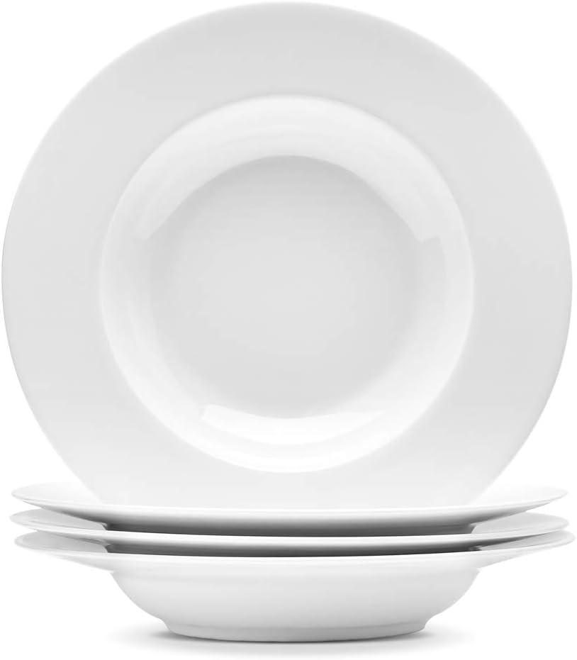 Artena 10 Ounce Pasta Bowls Set of 4, Elegant White Soup Bowls, Wide Rim Salad Bowl, Premium Porcelain Pasta Plate Bowl, Shallow Soup Plates for Eating, Microwave Dishwasher Oven Safe Bowls (9.15 inch)
